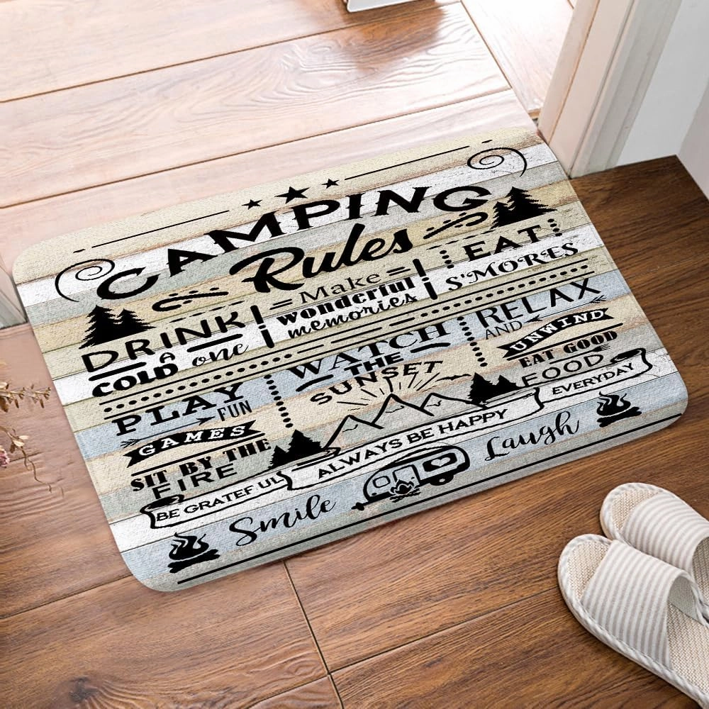 DYNH Camper RV Bath Mat for Travel Trailer Bathroom, Farmhouse Camping Rules Quote Floor Rugs Mats Non Slip Bathroom Happy Camp Decor Accessories 17X29 Inches Kitchen Bedroom Indoor