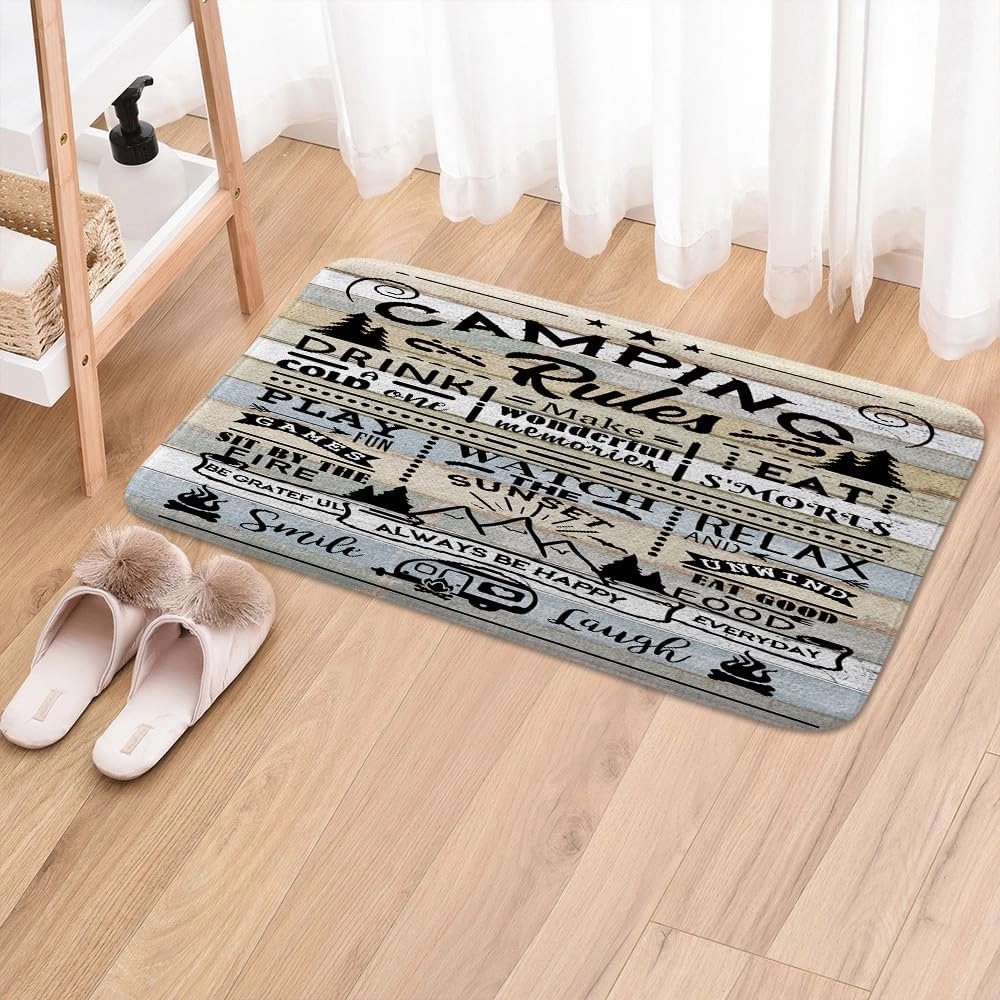 DYNH Camper RV Bath Mat for Travel Trailer Bathroom, Farmhouse Camping Rules Quote Floor Rugs Mats Non Slip Bathroom Happy Camp Decor Accessories 17X29 Inches Kitchen Bedroom Indoor