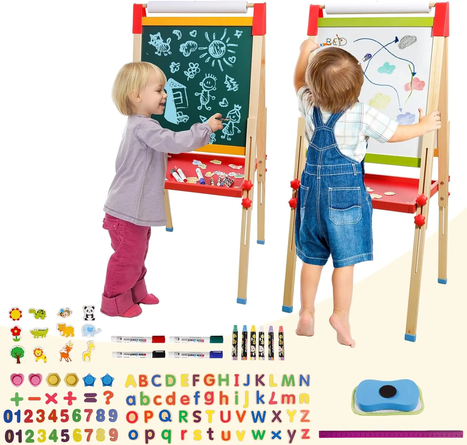 Easel for Kids Double-Sided Kids Easel with Paper Roll Wooden Art Easel Whiteboard & Chalkboard Adjustable Standing Toddler Easel with Accessories Gift for Boys and Girls