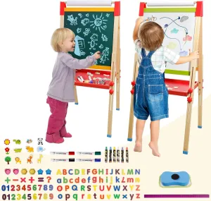 Easel for Kids Double-Sided Kids Easel with Paper Roll Wooden Art Easel Whiteboard & Chalkboard Adjustable Standing Toddler Easel with Accessories Gift for Boys and Girls