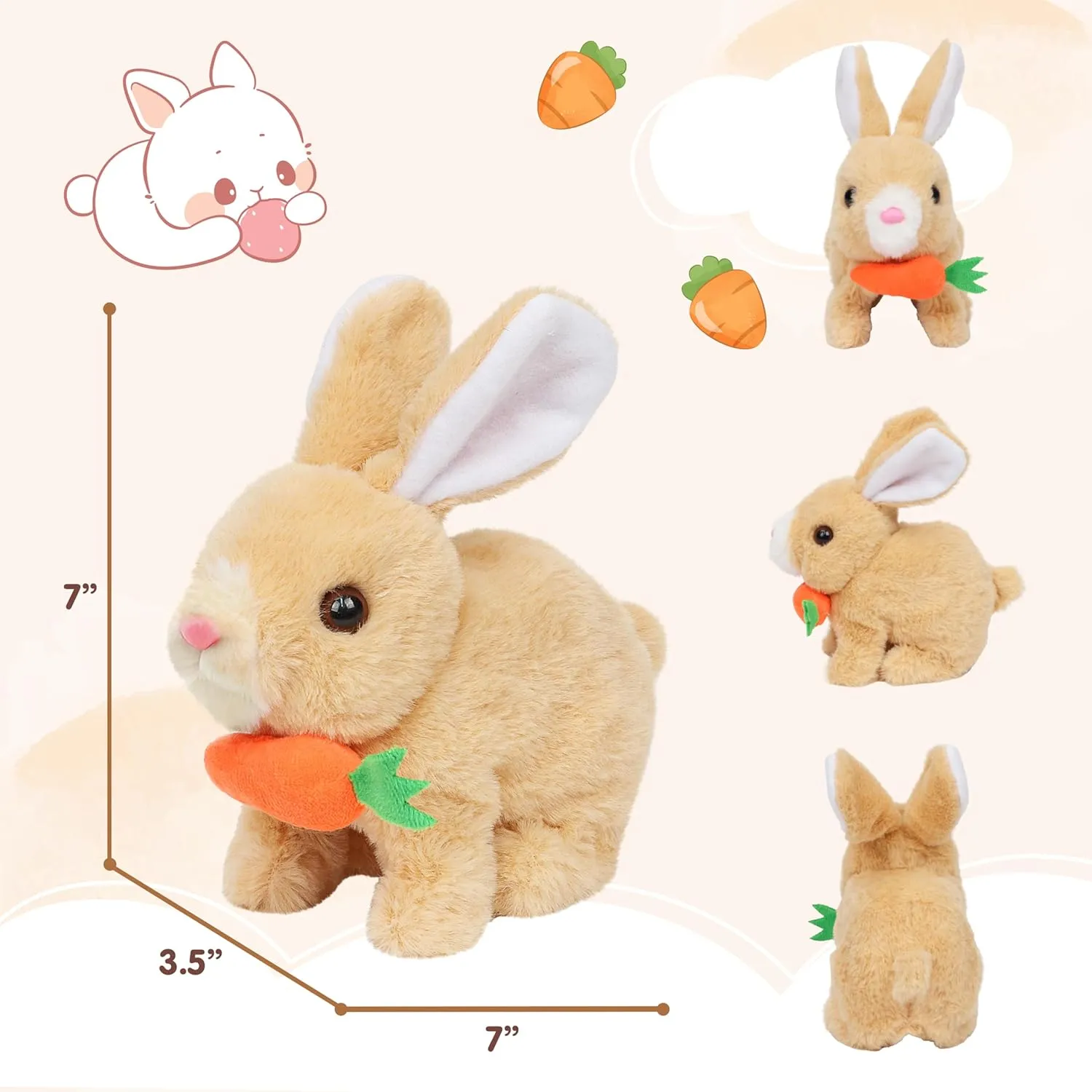 Easfan Easter Rabbit Plush Toy with Carrot Jumping Spotted Rabbit Talking Hopping Ears Nose Moving Educational Plush Toy Interactive Toy Electric Christmas,Easter Gift for Toddlers Kids,7"