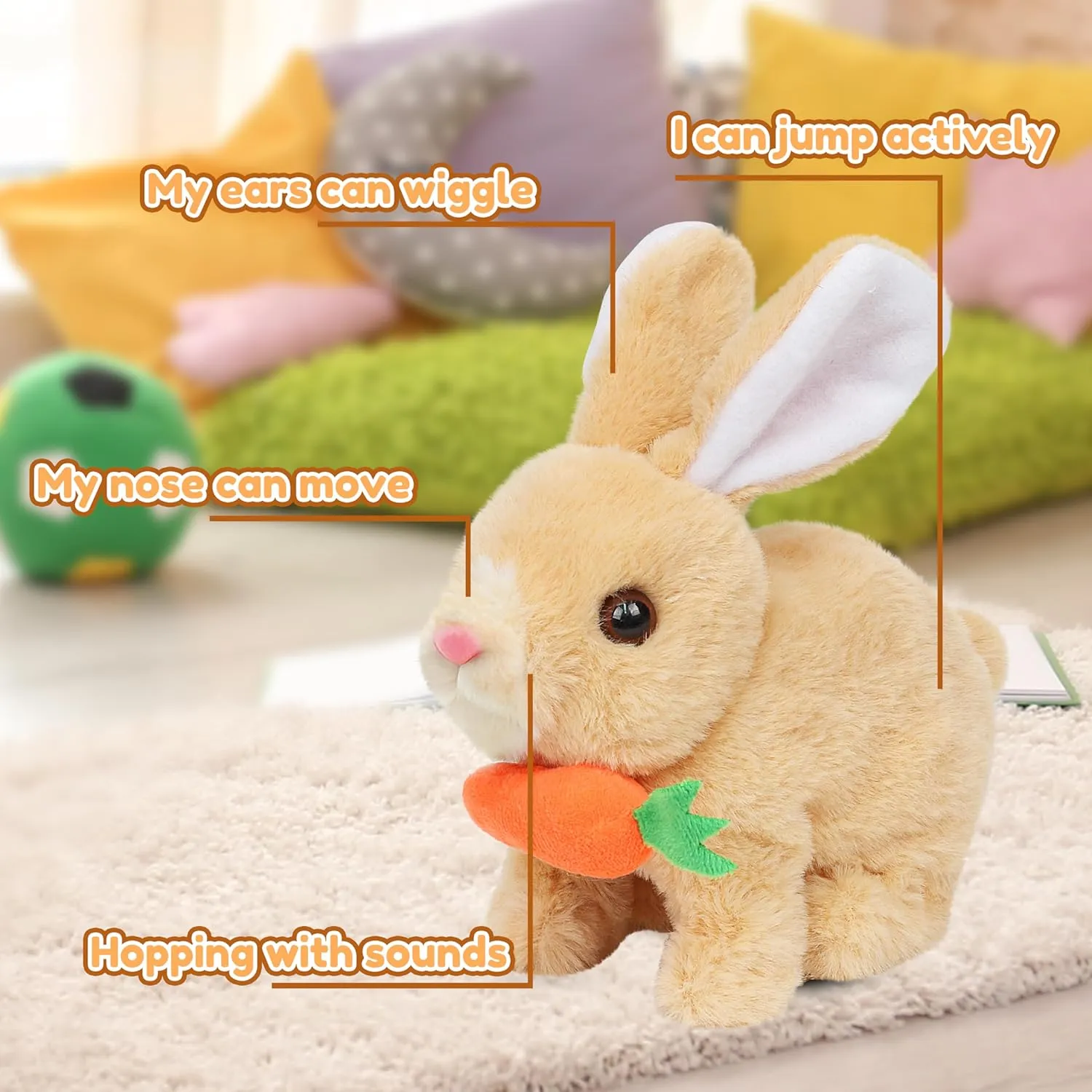 Easfan Easter Rabbit Plush Toy with Carrot Jumping Spotted Rabbit Talking Hopping Ears Nose Moving Educational Plush Toy Interactive Toy Electric Christmas,Easter Gift for Toddlers Kids,7"