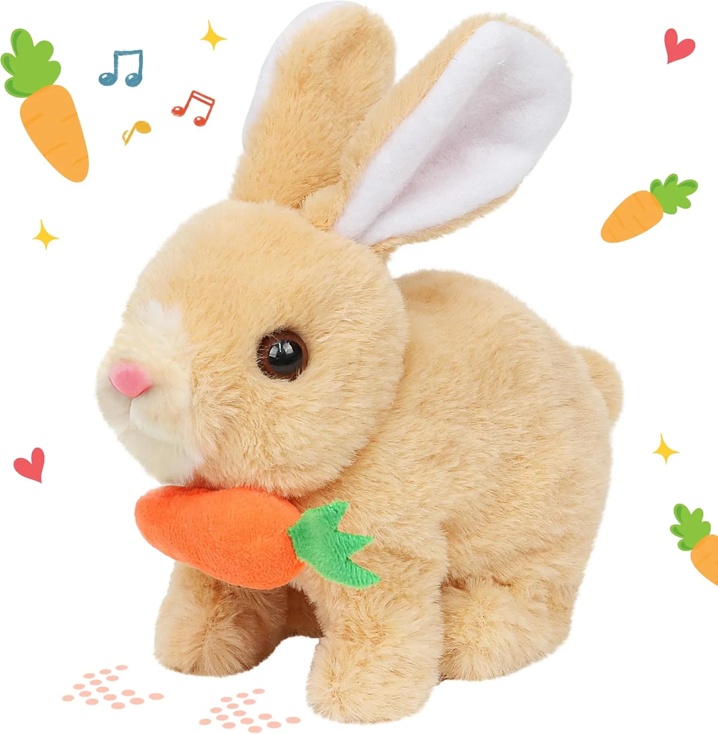 Easfan Easter Rabbit Plush Toy with Carrot Jumping Spotted Rabbit Talking Hopping Ears Nose Moving Educational Plush Toy Interactive Toy Electric Christmas,Easter Gift for Toddlers Kids,7"