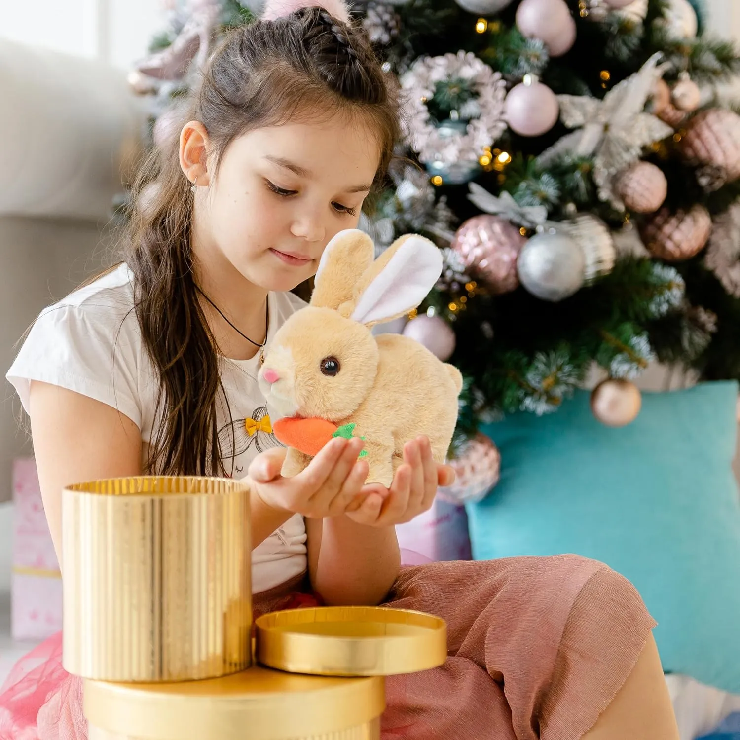 Easfan Easter Rabbit Plush Toy with Carrot Jumping Spotted Rabbit Talking Hopping Ears Nose Moving Educational Plush Toy Interactive Toy Electric Christmas,Easter Gift for Toddlers Kids,7"