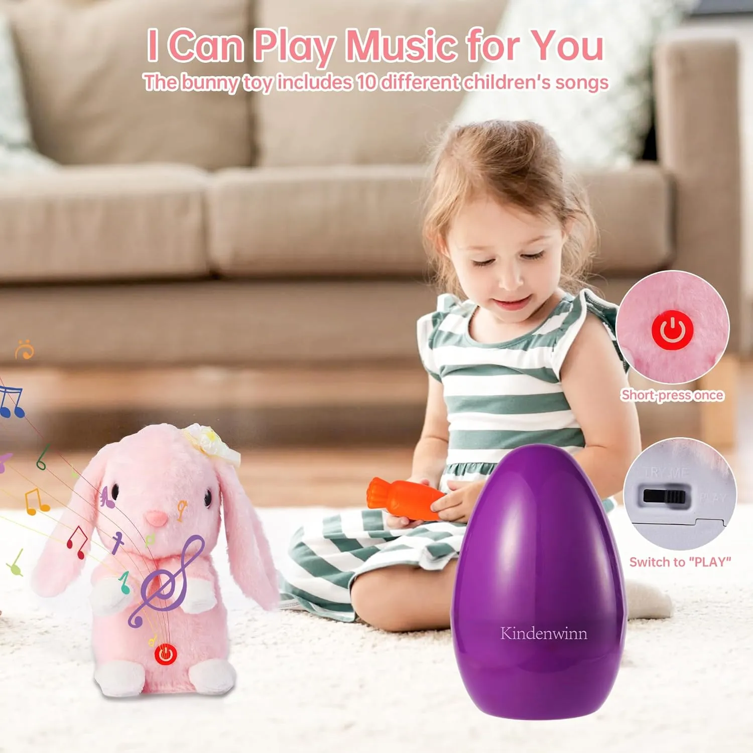 Easter Bunny Toys for Girls - 6-Inch Rabbit with Music, Dancing, Recording, and Surprise Easter Egg - Rabbit Toys for Kids, Toddlers 2 , Birthday Bunny Stuffed Animal