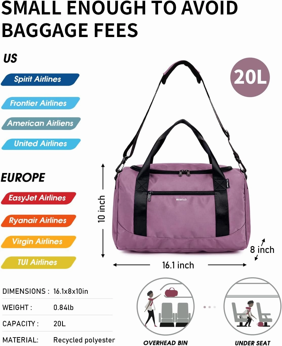 ECOHUB 16'' Personal Item Bag Mini Duffel Bag Small Travel Bag Underseat Carry on Bag for United Airlines Gym Bag for Women and Men
