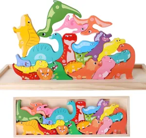 Educational Toys for Babies - Wooden Dinosaur Stacking Blocks with Alphabet - Montessori Learning, Shape and Color Recognition for Boys and Girls 1 Year and Up.