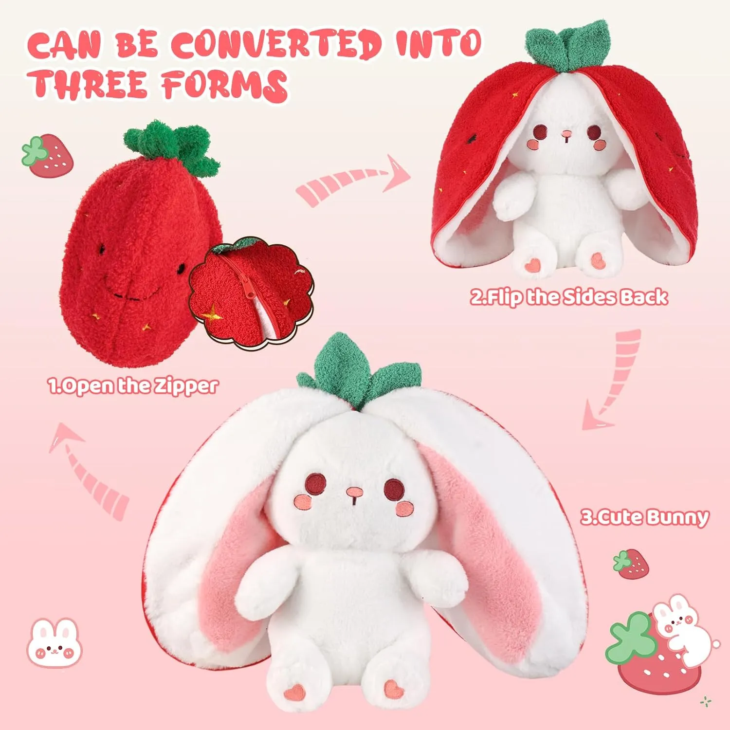 Emoin Bunny Stuffed Animal Reversible Cuddle Strawberry Bunny Plush Transformed Rabbit Toy Plush with Zipper Easter Bunny Plushies Gifts for Baby Boys Girls-10Inch