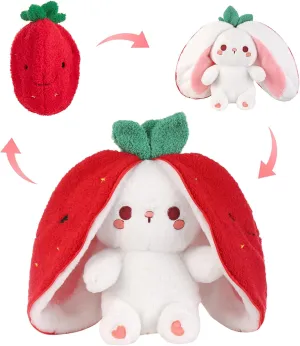 Emoin Bunny Stuffed Animal Reversible Cuddle Strawberry Bunny Plush Transformed Rabbit Toy Plush with Zipper Easter Bunny Plushies Gifts for Baby Boys Girls-10Inch
