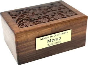 Engraved Urns for Human Ashes-Tree of Life Cremation Urn-Hand Carved Wood Pet Keepsake Box-Pet Loss Memorial (Medium-Personalized) up to 30 lbs/30 CI