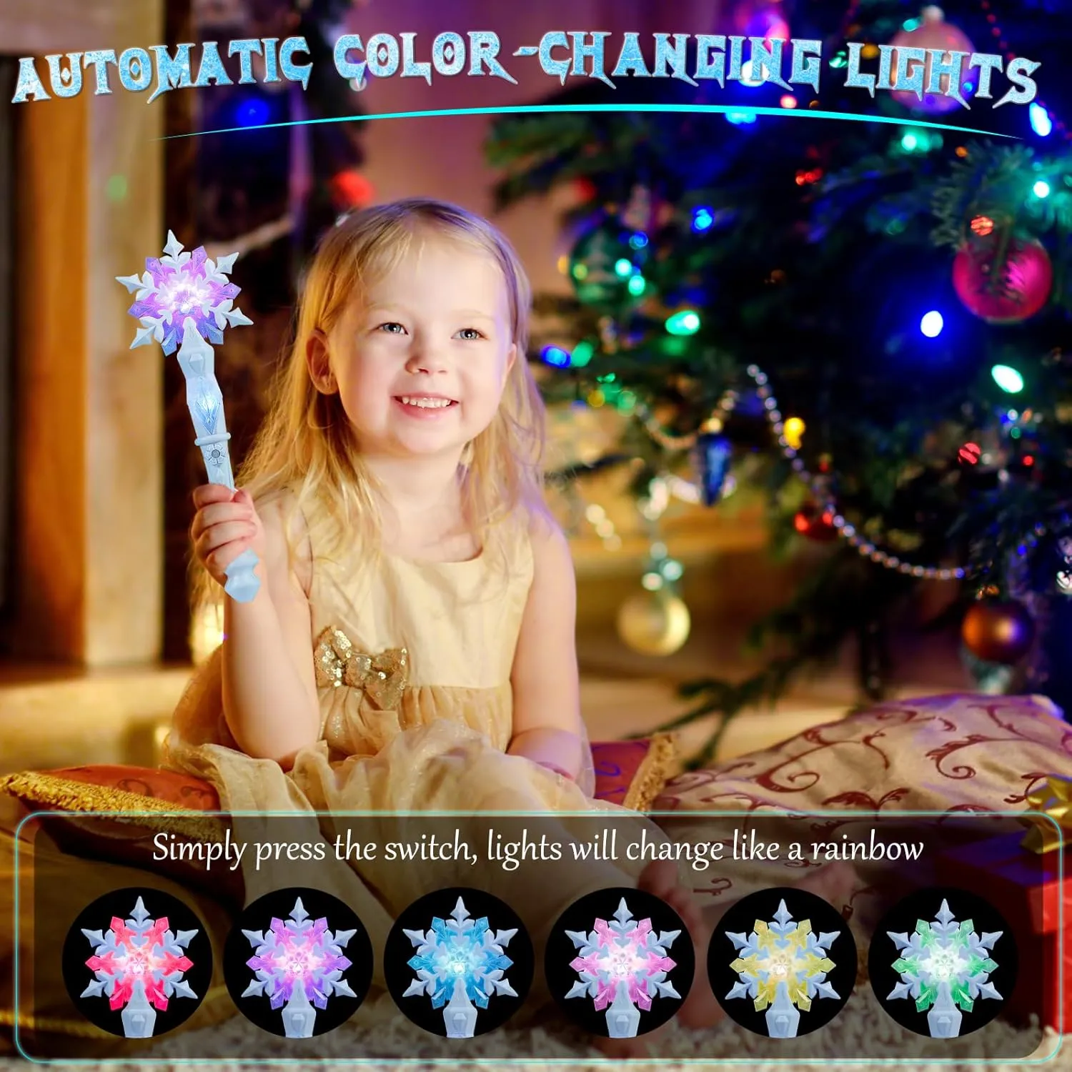 EnrichFun Light Up Frozen Snowflake Wand with Sound, Motion Sensitive Magic Princess Toys for Kids Girls Party Favors 4 Pieces, (Blue)