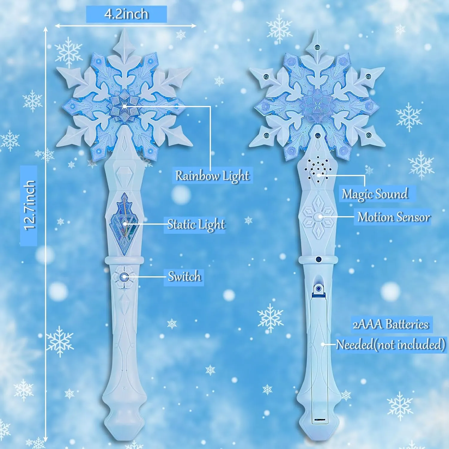 EnrichFun Light Up Frozen Snowflake Wand with Sound, Motion Sensitive Magic Princess Toys for Kids Girls Party Favors 4 Pieces, (Blue)