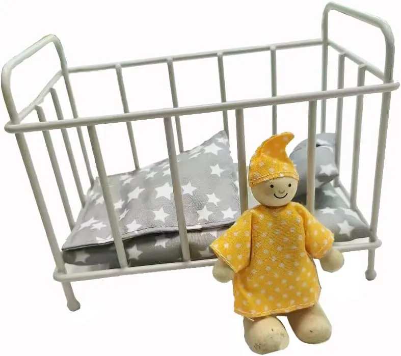 EUTRAIL Dollhouse Bedroom Furniture Baby Doll Bed Metal Dollhouse Crib Bed Furniture Toy Accessories with Mattress, Pillow Doll House Couch Set 1:12 Scale Mini Metal Bed
