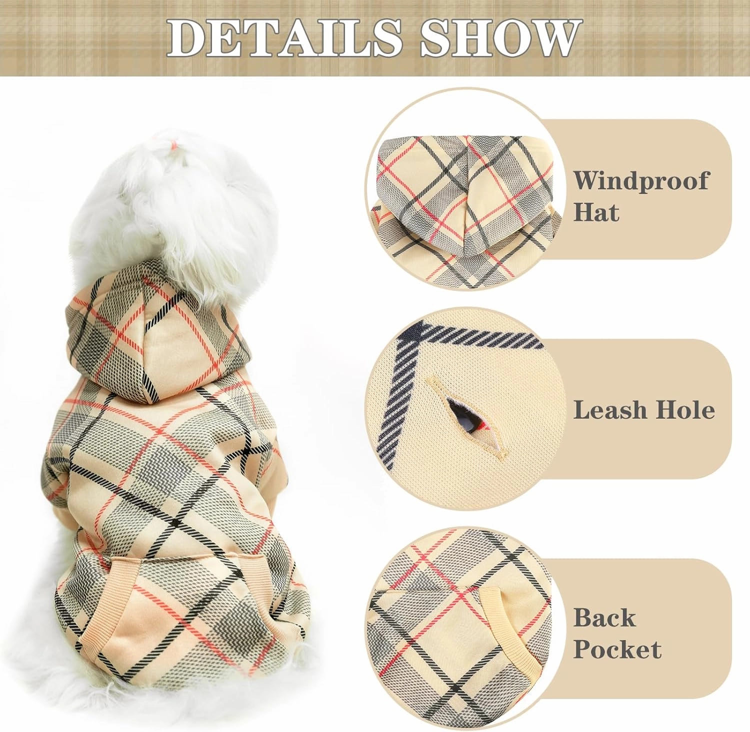 EXPAWLORER Plaid Dog Hoodie - British Style Warm Dog Sweater Shirt with Leash Hole,Pitbull Clothes Outfits,Winter Coat Apparel for All Breeds Puppy Girl Boy-Cat Apparel