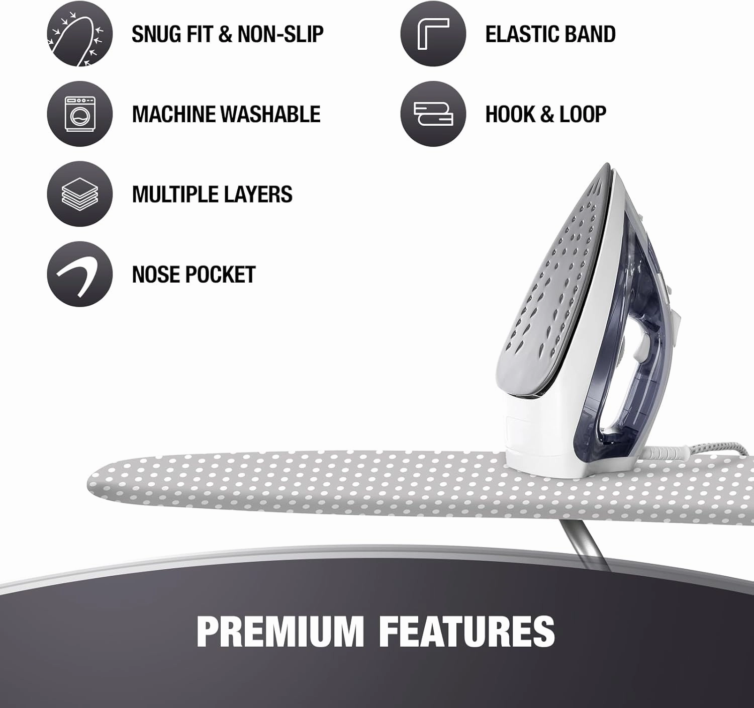 Extra Thick Ironing Board Covers with Pad Standard Size 15x54, Heat Reflective Full Scorch Resistant Padding, Snug Fit Non-Slip Nose Pocket Fastener Straps Elastic Edges, Gray Spotted