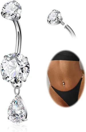 F136 Titanium Dangle Belly Button Ring for Women Dangling Navel Ring Hypoallergenic Teardrop Belly Rings Internally Threaded CZ Belly Piercing Jewelry 10MM