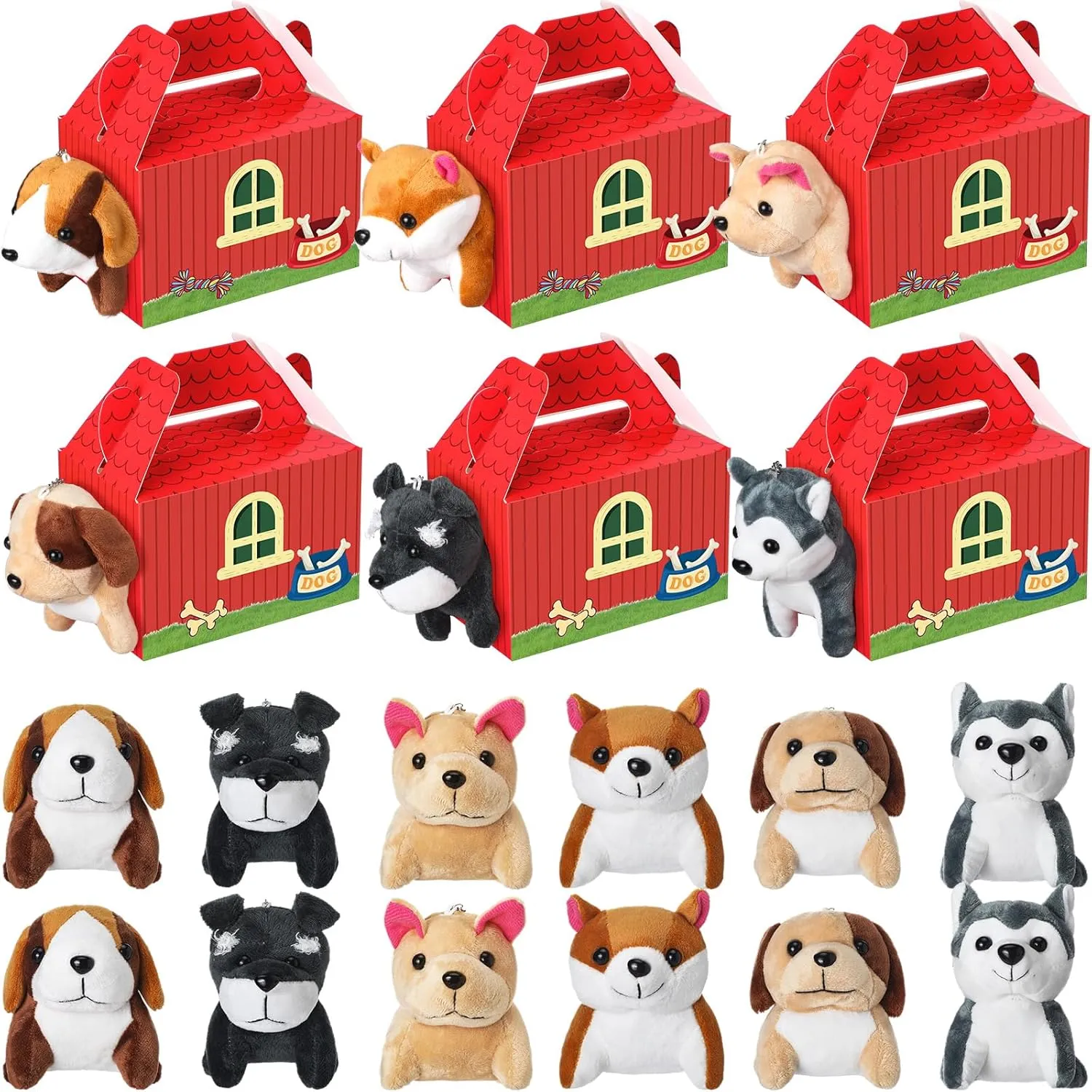 Fainne 12 Pcs Dog Party Favors Boxes with 12 Pcs Mini Plush Dog Set Adopt a Puppy Party Favors Treat Boxes Foldable Gift Puppy Theme Stuffed Animal for Birthday Supplies Decoration (House)