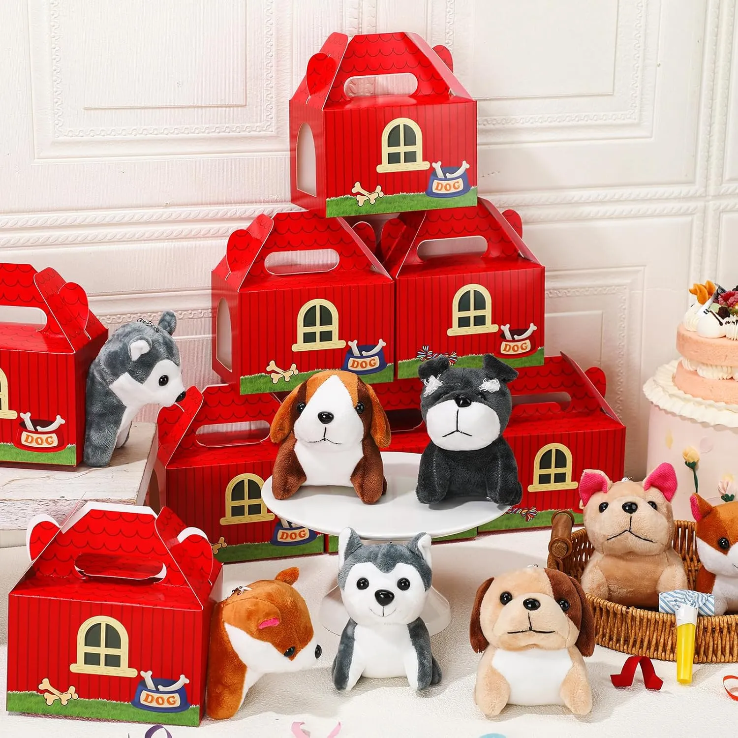 Fainne 12 Pcs Dog Party Favors Boxes with 12 Pcs Mini Plush Dog Set Adopt a Puppy Party Favors Treat Boxes Foldable Gift Puppy Theme Stuffed Animal for Birthday Supplies Decoration (House)