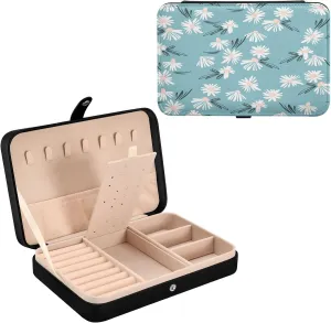 Farmhouse White Daisy PU Leather Travel Jewelry Organizer Case, Portable Jewellery Storage Holder Display for Ring Earrings Necklace Bracelet Bangle Watch Gift for Girl