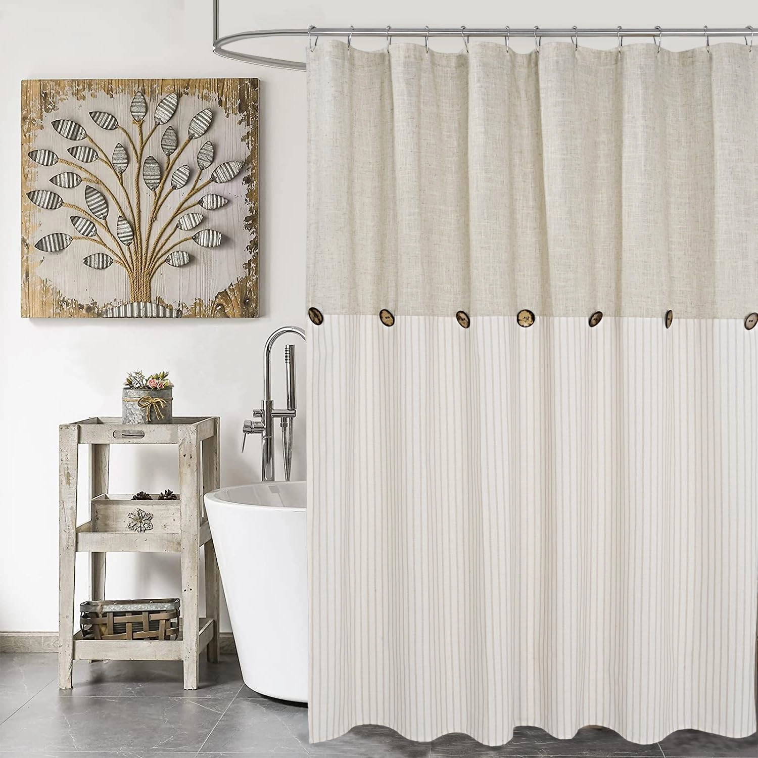 Farmhouse Shower Curtain,Beige and Beige Stripe,Button Curtain,Linen and Cotton Blend Fabric,Rustic Charm Country Chic Style,72x78 in