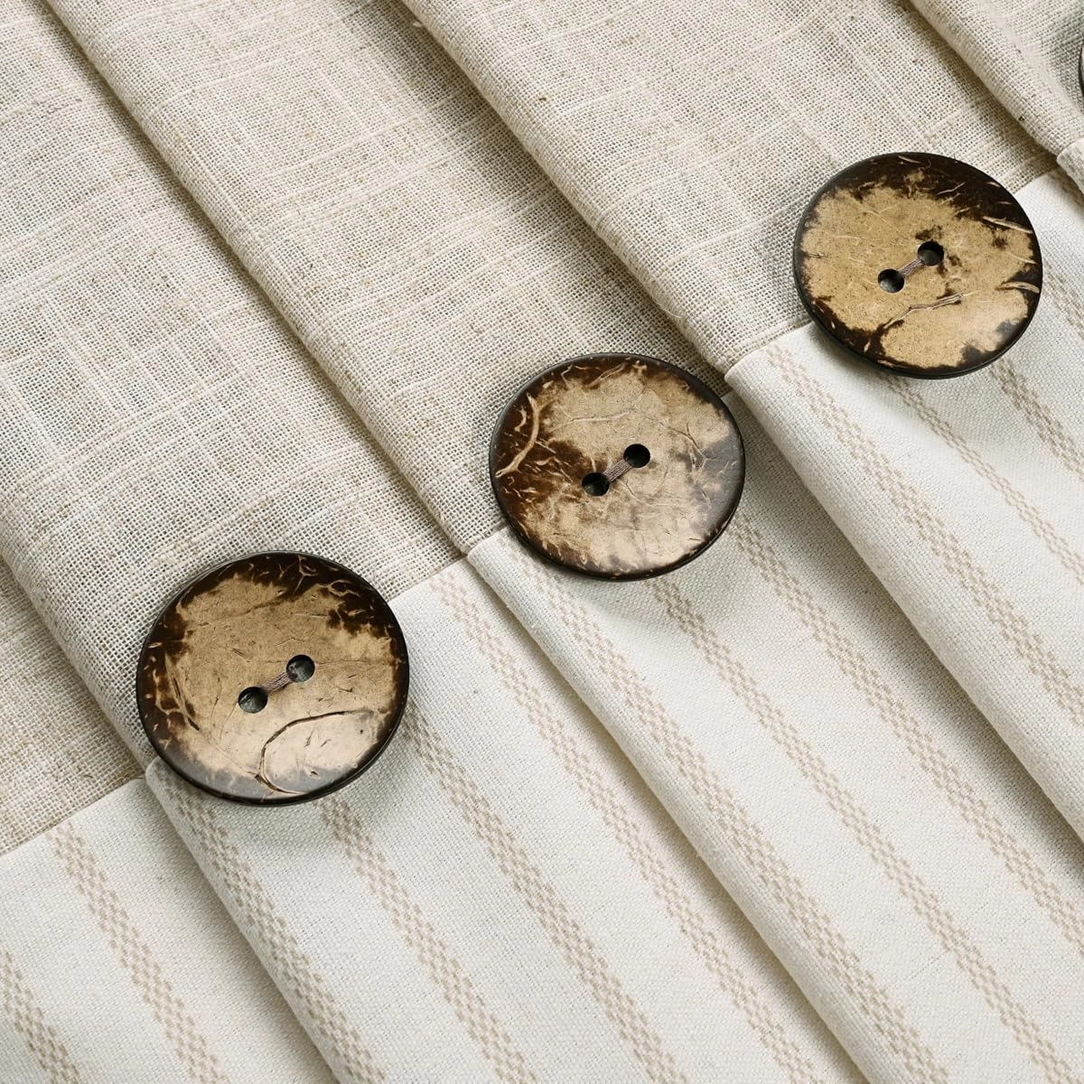 Farmhouse Shower Curtain,Beige and Beige Stripe,Button Curtain,Linen and Cotton Blend Fabric,Rustic Charm Country Chic Style,72x78 in