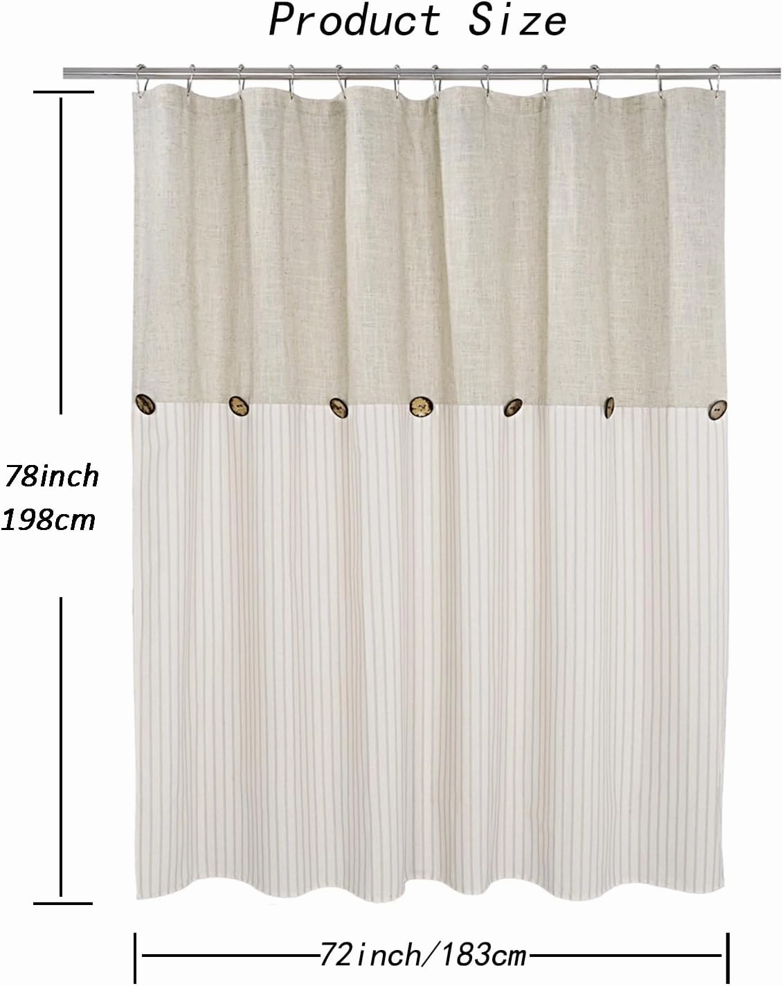 Farmhouse Shower Curtain,Beige and Beige Stripe,Button Curtain,Linen and Cotton Blend Fabric,Rustic Charm Country Chic Style,72x78 in