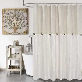 Farmhouse Shower Curtain,Beige and Beige Stripe,Button Curtain,Linen and Cotton Blend Fabric,Rustic Charm Country Chic Style,72x78 in