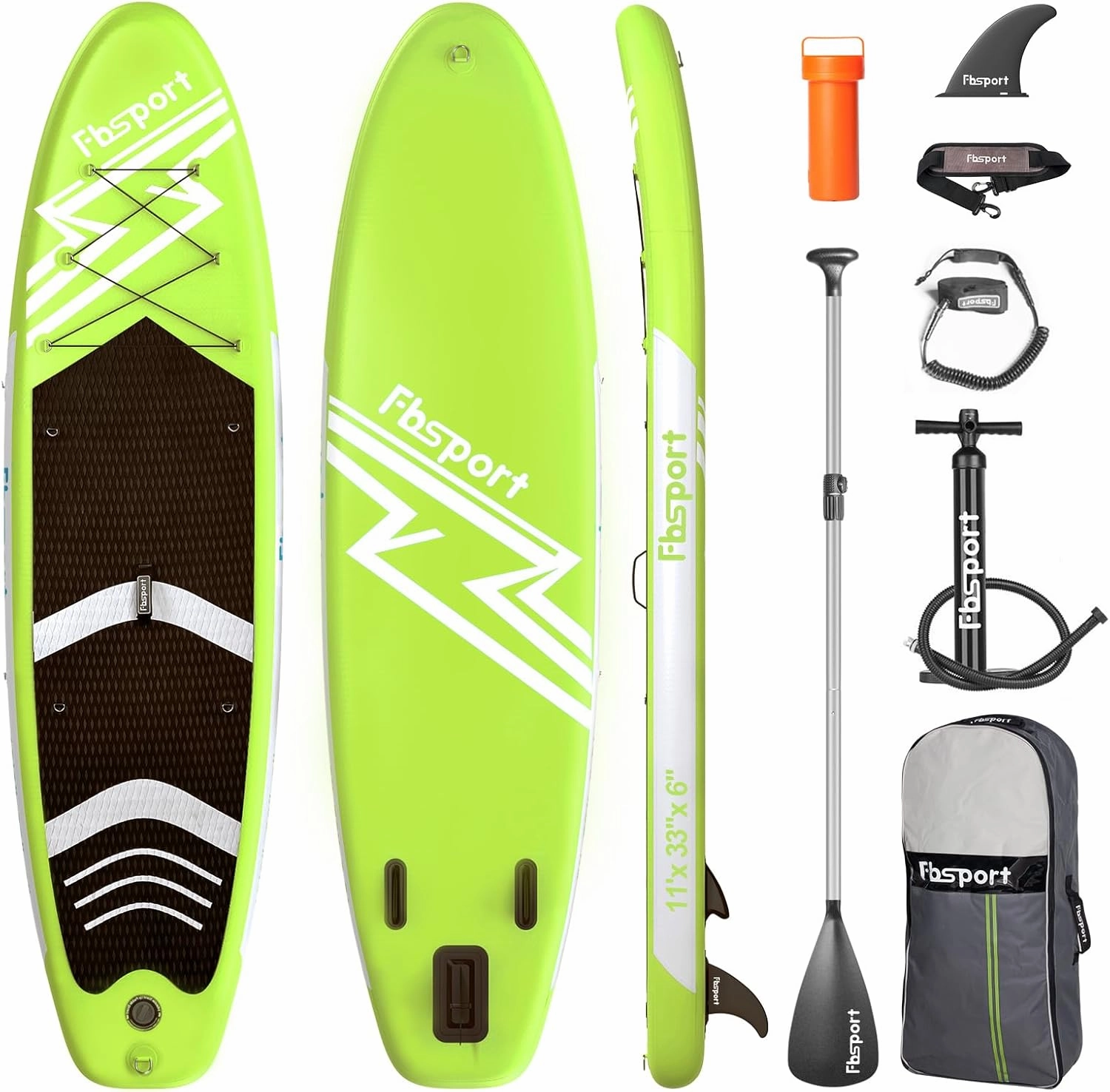 FBSPORT 11' Premium Stand Up Paddle Board, Yoga Board with Durable SUP Accessories & Carry Bag | Wide Stance, Surf Control, Non-Slip Deck, Leash, Paddle and Pump for Youth & Adult