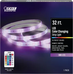 Feit Electric 32ft Color Changing LED Ultrathin Strip Light, Flexible, Cuttable, 16 Preset Colors, Adjustable Brightness & Effects, Remote Control Included, No Wi-Fi Needed, TAPE384/RGB
