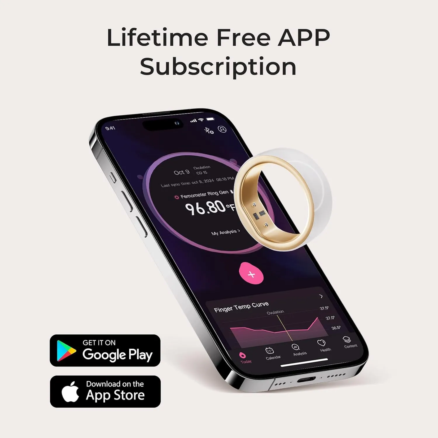 femometer Smart Ring Gen2 - Sleep, Heart Rate & Cycle Monitoring - Free Subscription - Women's Health & Fertility Tracker with BBT Technology - Size Before You Buy - Up to 7 Days Battery Life - Size 8