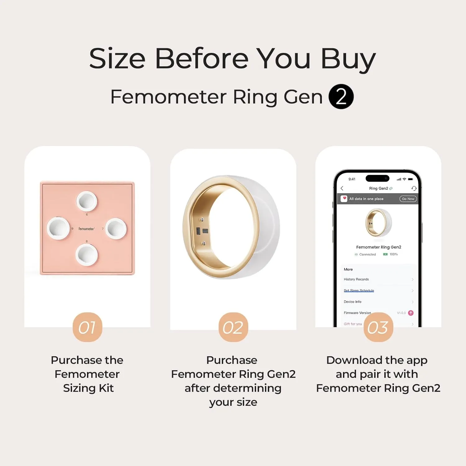 femometer Smart Ring Gen2 - Sleep, Heart Rate & Cycle Monitoring - Free Subscription - Women's Health & Fertility Tracker with BBT Technology - Size Before You Buy - Up to 7 Days Battery Life - Size 8