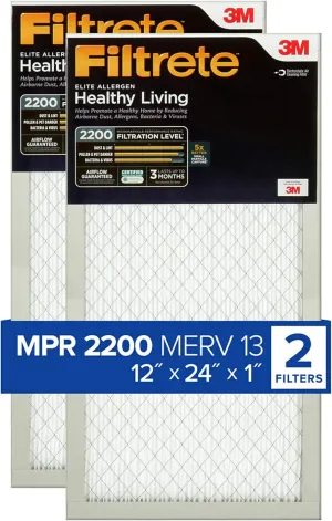 Filtrete 12x24x1 AC Furnace Air Filter, MERV 13, MPR 2200, Elite Allergen, Bacteria & Virus Filter, 3-Month Pleated 1-Inch Electrostatic Air Cleaning Filter, 2-Pack (Actual Size 11.69x23.69x0.78 in)