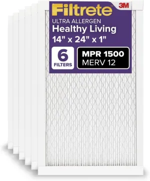 Filtrete 14x24x1 AC Furnace Air Filter, MERV 12, MPR 1500, CERTIFIED asthma & allergy friendly, 3 Month Pleated 1-Inch Electrostatic Air Cleaning Filter, 6-Pack (Actual Size 13.81x23.81x0.78 in)