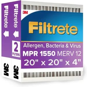 Filtrete 20x20x4 AC Furnace Air Filter, MPR 1550, MERV 12, Fits Honeywell, CERTIFIED Asthma & Allergy Friendly, Electrostatic Air Cleaning Filter, 2-Pack (actual size 19.88 x 19.88 x 4.31)