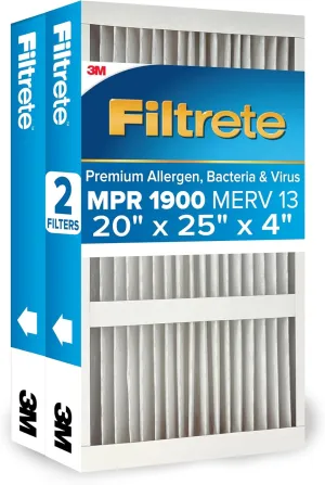 Filtrete 20x25x4 AC Furnace Air Filter, MERV 13, MPR 1900, Fits Honeywell, CERTIFIED Asthma & Allergy Friendly, Premium Allergen, Bacteria & Virus, 2-Pack (Actual Size 19.75 x 24.62 x 4.31 in)