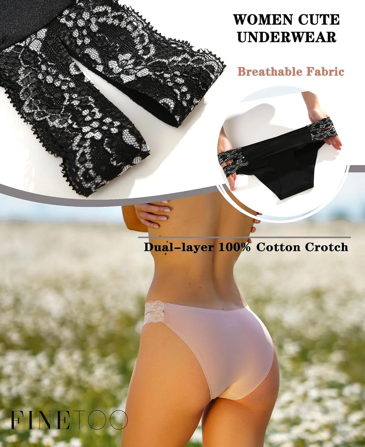 FINETOO Seamless Underwear for Women Cheeky Bikini Panties High Cut V-waist Lace Underwear Women Cute Bikinis 6 Pack