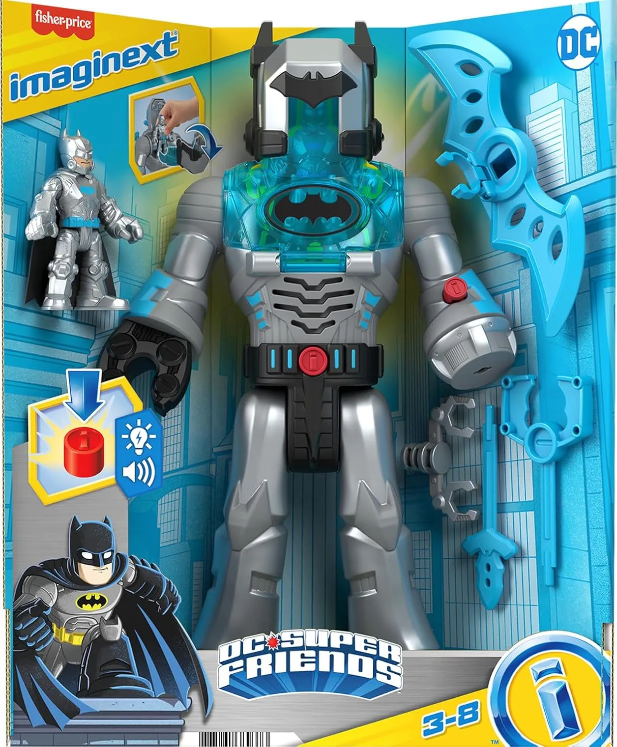 Fisher-Price Imaginext DC Super Friends Batman Toy Insider & Exo Suit 12-Inch Robot with Lights Sounds & Figure for Ages 3  Years, Defender Grey