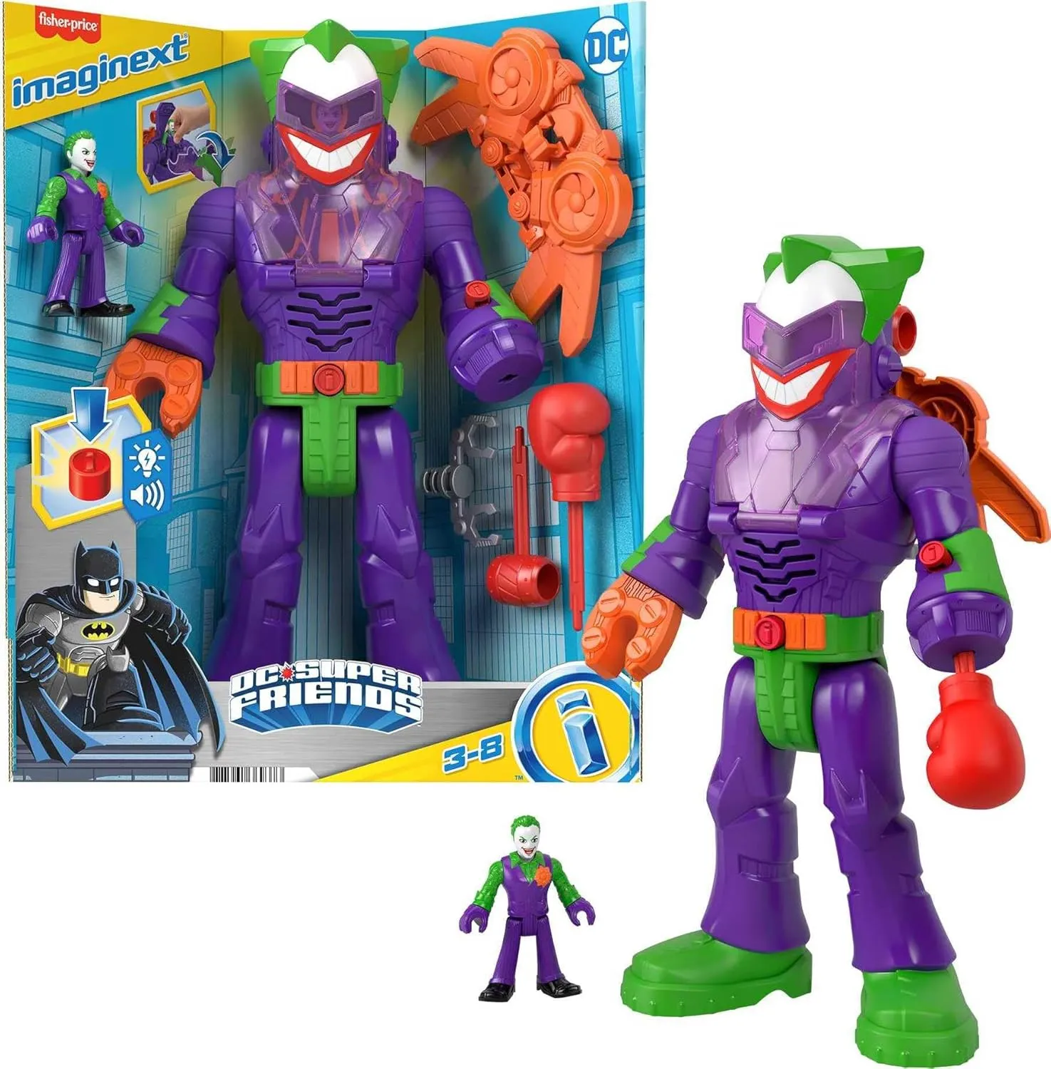 Fisher-Price Imaginext DC Super Friends Robot Toy, The Joker Insider & LaffBot 12-Inch with Lights Sounds & Figure for Kids Ages 3  Years