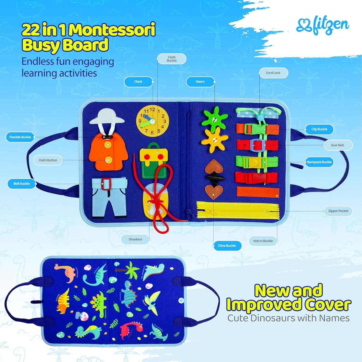 FITZEN Toddler Busy Board Montessori Magic Book for 1 2 3 4 5 6 Year Old - Toddler Busy Book Ages 1-3 for Learning Fine Motor Skills Travel Busy Board for 1 Year Old for Plane Car, Gift for Boys Girls