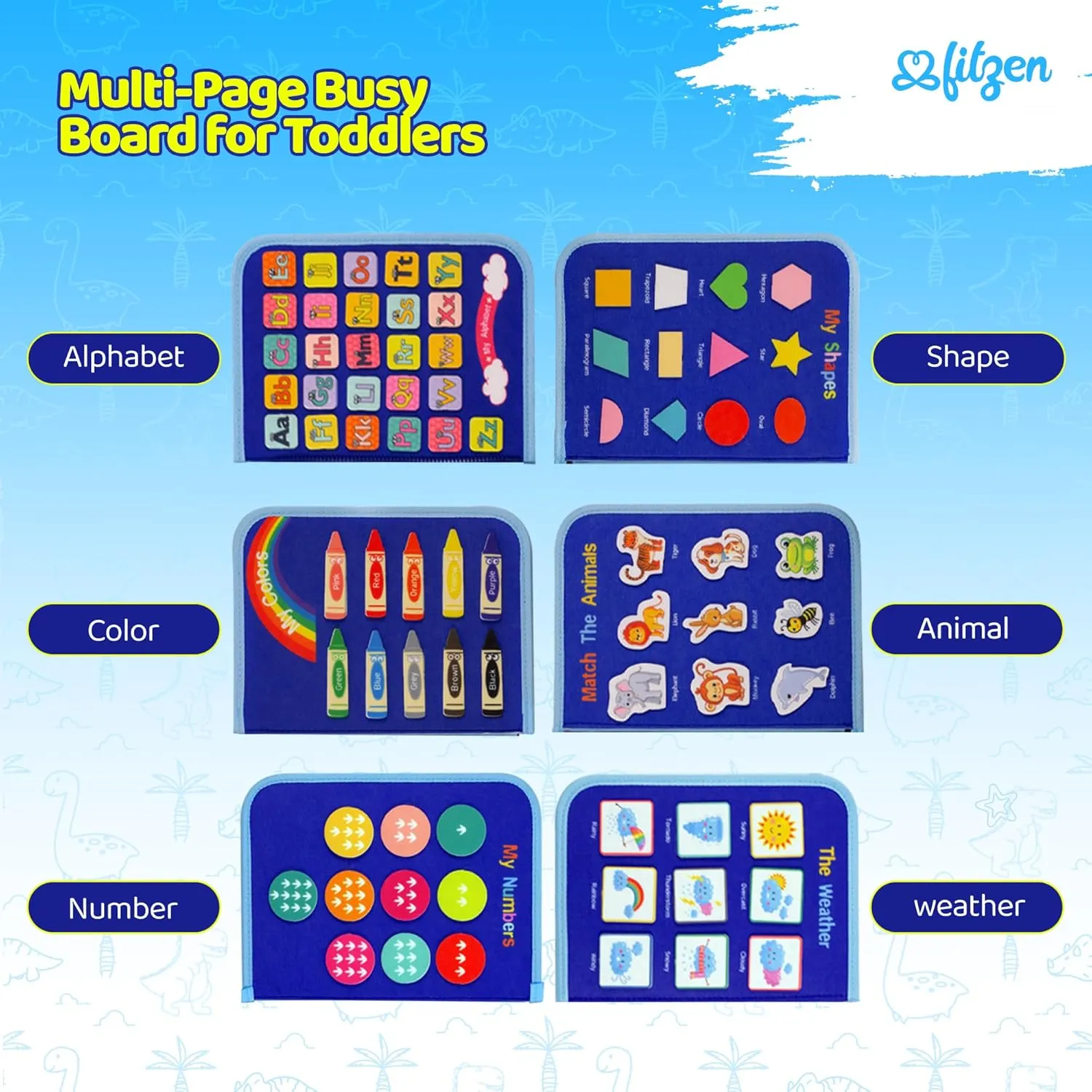 FITZEN Toddler Busy Board Montessori Magic Book for 1 2 3 4 5 6 Year Old - Toddler Busy Book Ages 1-3 for Learning Fine Motor Skills Travel Busy Board for 1 Year Old for Plane Car, Gift for Boys Girls