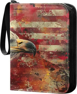 Flag Bald Hawk Card Binder 4 Pocket Collectible Trading Card Albums with 50 Sleeves Double Side PU Waterproof 3 Ring for Sports & Game Cards