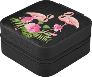 Flamingo Square Travel Jewelry Box PU Leather Small Jewelry Organizer for Women Girls Portable Travel Jewelry Case (Black)