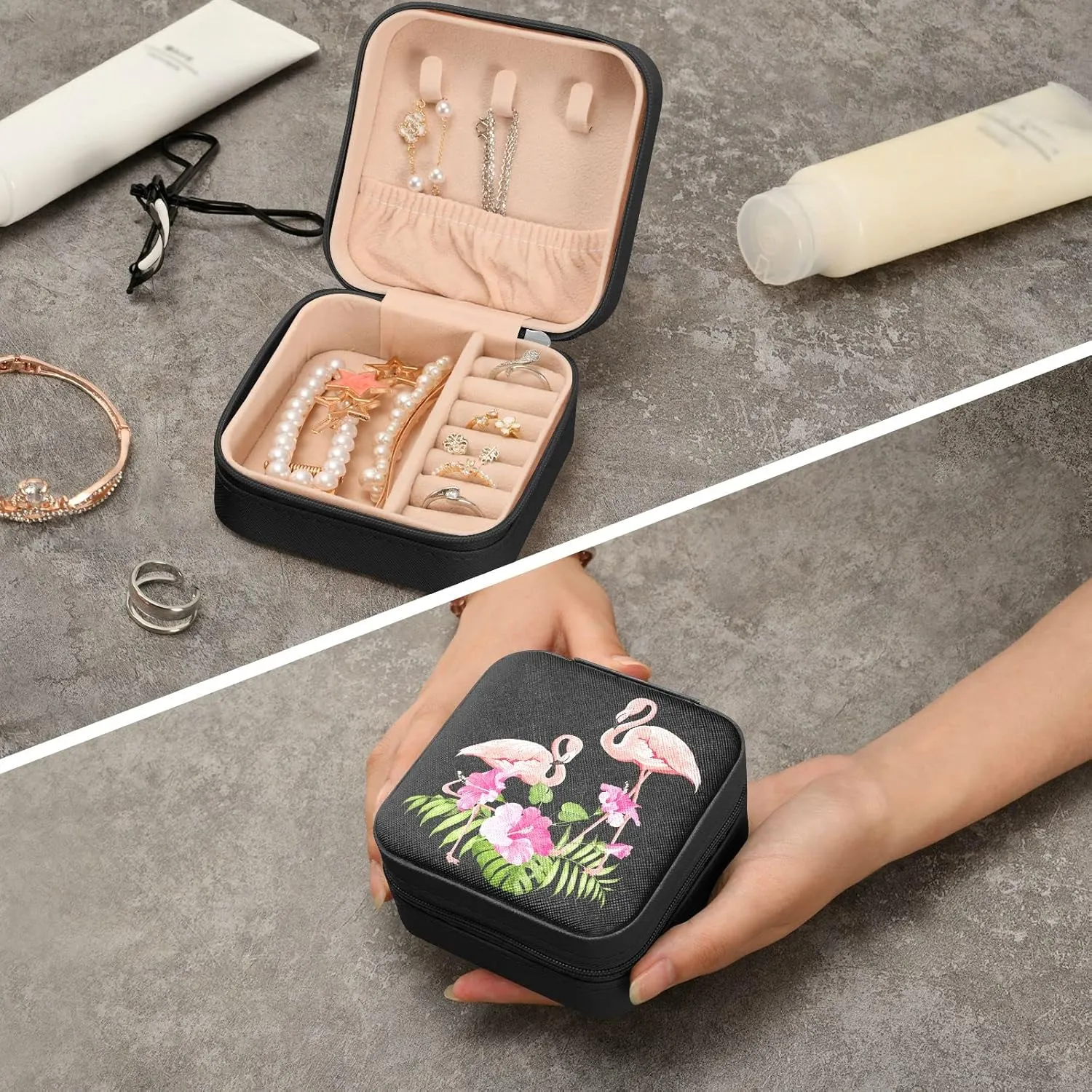 Flamingo Square Travel Jewelry Box PU Leather Small Jewelry Organizer for Women Girls Portable Travel Jewelry Case (Black)