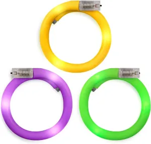 Flashing LED Mardi Gras Light Up Wrap Around Tube Bracelets, Assorted Purple, Green & Gold (Set of 12)