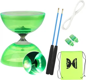 Flashing Triple Bearing Diabolo, Soft Rubber Yoyo Set, with 1 x Diabolo, 1 x Spare 10m Rope, 2 x Professional Poles, 1 x Net Bag, for Beginners & Experienced Players (Green)