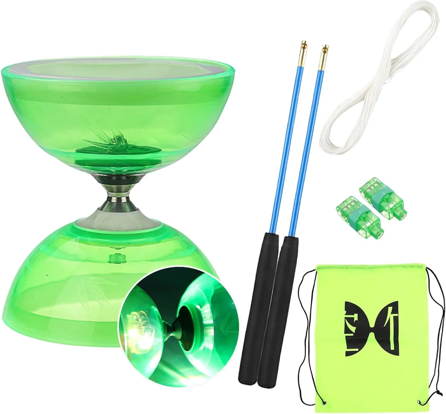 Flashing Triple Bearing Diabolo, Soft Rubber Yoyo Set, with 1 x Diabolo, 1 x Spare 10m Rope, 2 x Professional Poles, 1 x Net Bag, for Beginners & Experienced Players (Green)