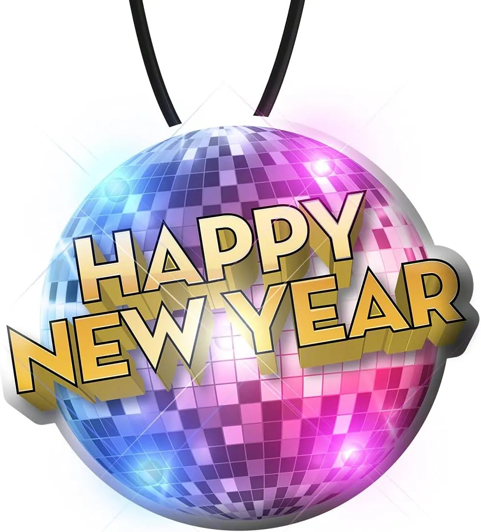 FlashingBlinkyLights Light Up LED Happy New Year Disco Ball Blinkies on Black String Necklace (Set of 5)