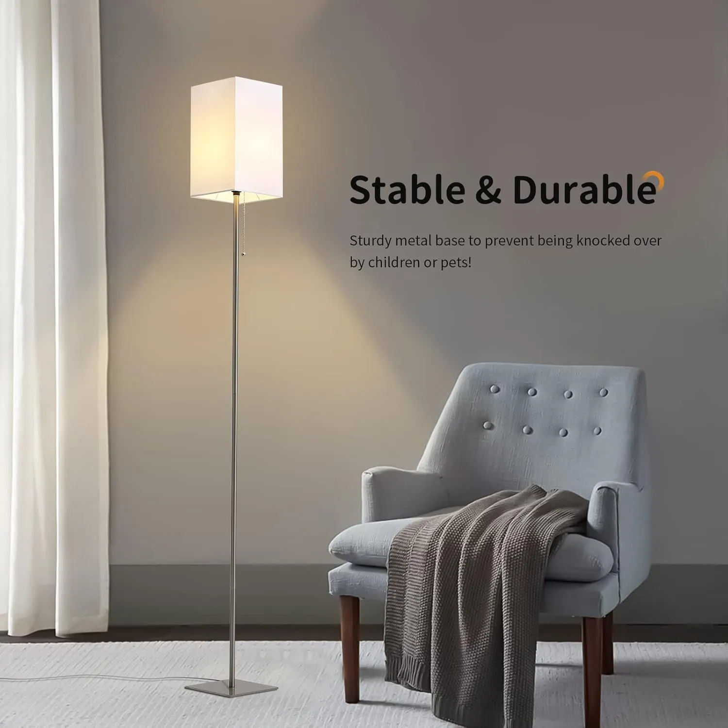 Floor Lamp for Living Room, Modern Standing Lamp Tall Lamp with Linen Shade, Simple Design Floor Lamp for Bedroom, Office, Kids Room, Reading Room, Working, Silver