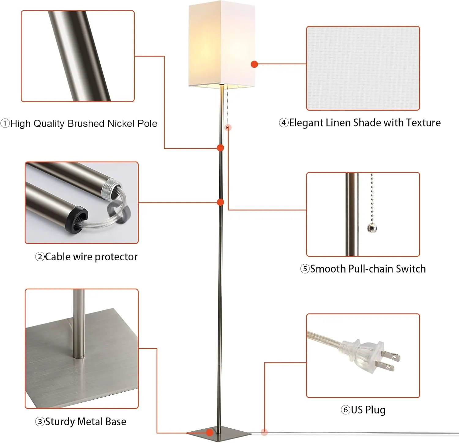 Floor Lamp for Living Room, Modern Standing Lamp Tall Lamp with Linen Shade, Simple Design Floor Lamp for Bedroom, Office, Kids Room, Reading Room, Working, Silver