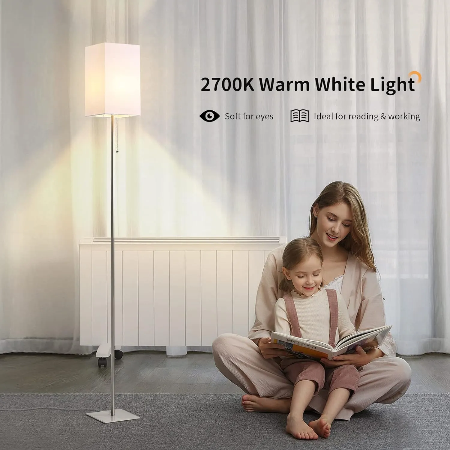 Floor Lamp for Living Room, Modern Standing Lamp Tall Lamp with Linen Shade, Simple Design Floor Lamp for Bedroom, Office, Kids Room, Reading Room, Working, Silver